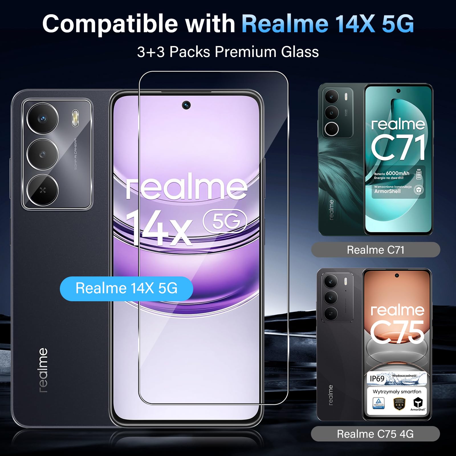 Pellicola Vetro Temperato per Realme 14X 5G [3+3 Pezzi], con HD Protezione Lente Fotocamera, [Durezza 9H Anti Graffi] 0,33mm Vetrino Protezione Schermo Pellicola Protettiva
