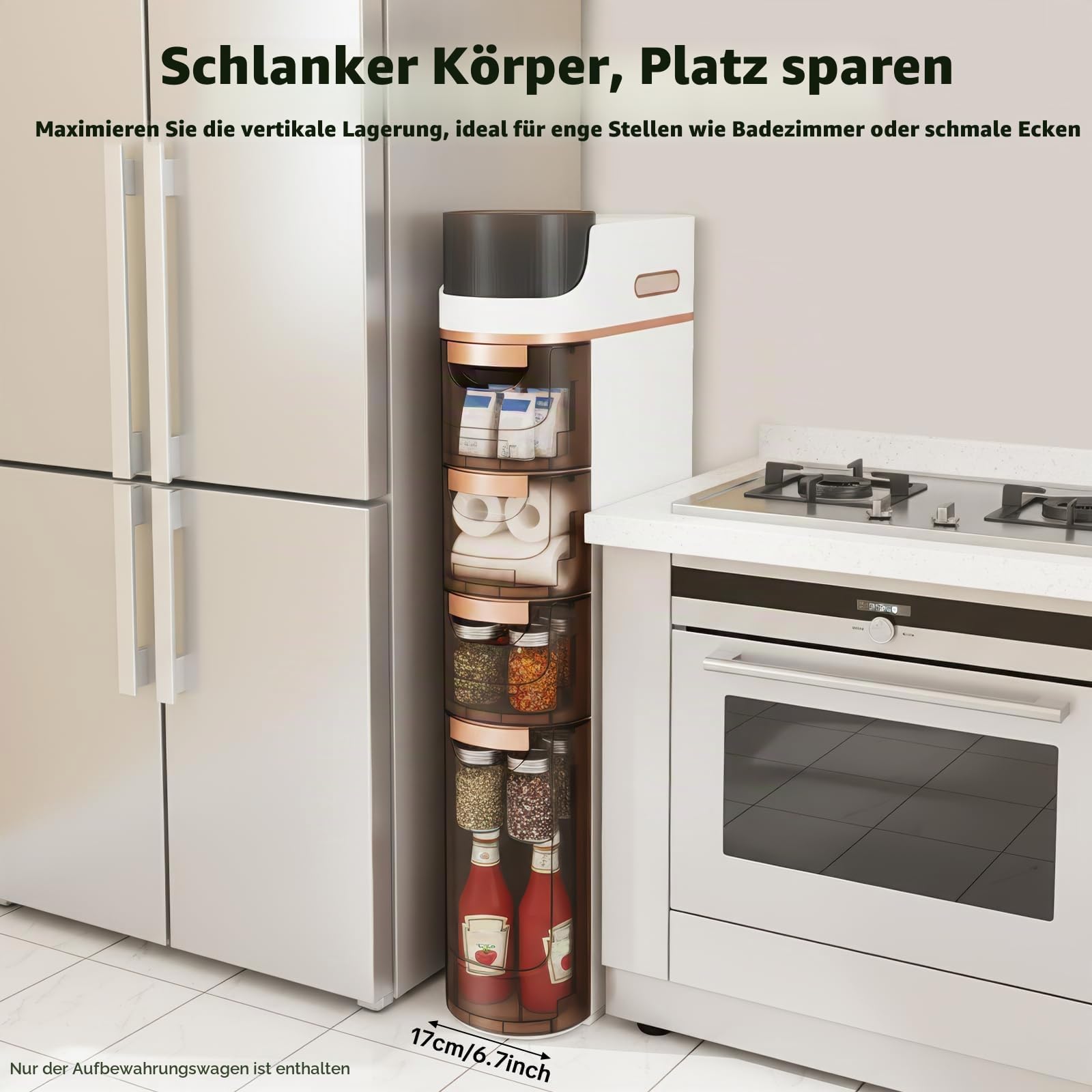 4-stöckiger Slim Bathroom Organizer, schmaler Badezimmer-Organisator mit leisen Rollen und Schubladen für enge Räume, Bad, Küche, Waschküche, weiß