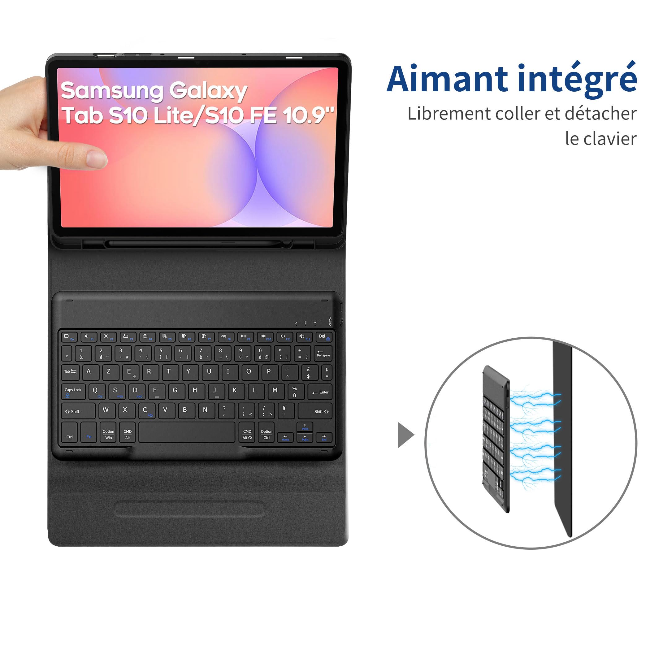 EasyAcc Étui Clavier pour Samsung Galaxy Tab S10 Lite 5G / S10 FE / S9 FE / S9 10.9" / 11" (2025/2023) avec Film de Protection, [AZERTY] Étui de Protection pour Clavier Amovible avec Porte-Stylo, Noir
