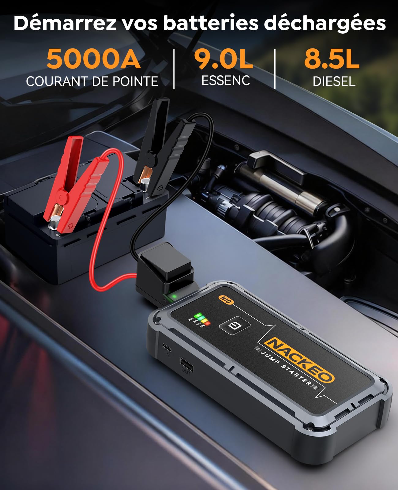 5000A Booster Batterie Voiture, 12V Démarreur Batterie Voiture pour Moteurs Essence Jusqu’à 9L et Diesel Jusqu’à 8,5L, avec Câbles de Démarrage et Lampe LED 500 Lumens, pour SUV, Moto et Tondeuse