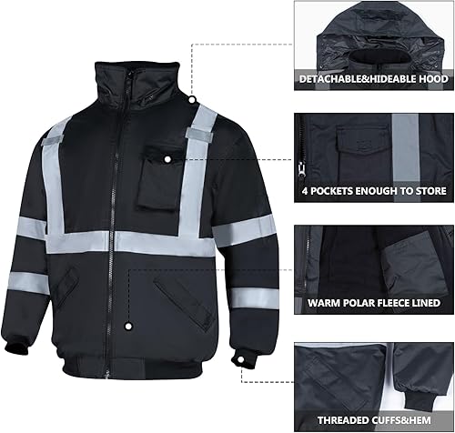 Miniatura 5 de Chaquetas de seguridad reflectantes de alta visibilidad para hombre, forro polar ANSI Clase 3 Hi Vis, chaqueta de invierno con capucha (naranja, M)