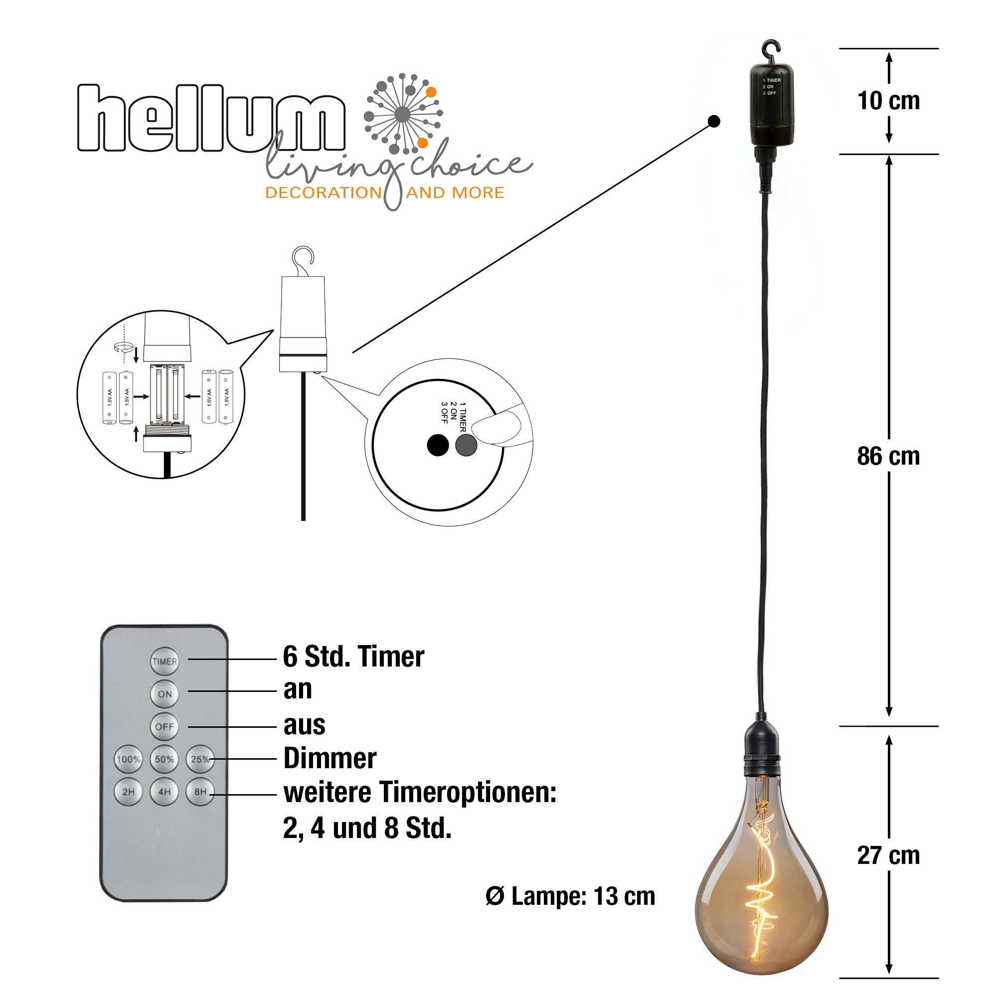 hellum 2er Set Hängelampe Vintage, Pendelleuchte mit Timer A130 Ø 13 x 27cm, goldene Glühbirne mit Fernbedienung, dimmbare Retro Hängeleuchte mit Batterie (4xAA nicht inkl.) Deko Hochzeit 151404