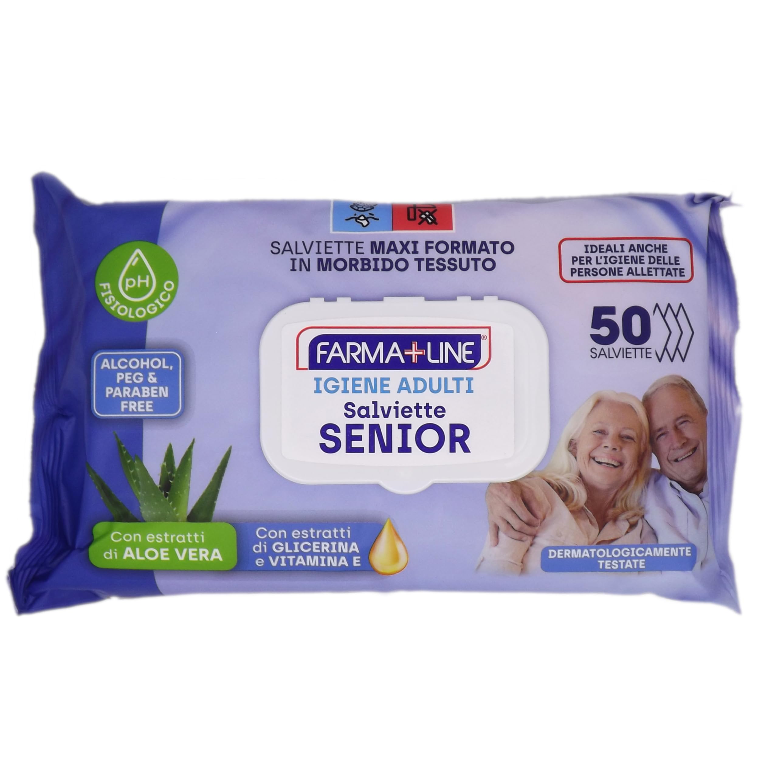Salviette Senior Igiene Adulti Maxi 20 x 28 cm, 400 pz (8 confezioni da 50 salviette) Aloe Vera, Glicerina e Vitamina E, Senza Alcool, pH Fisiologico