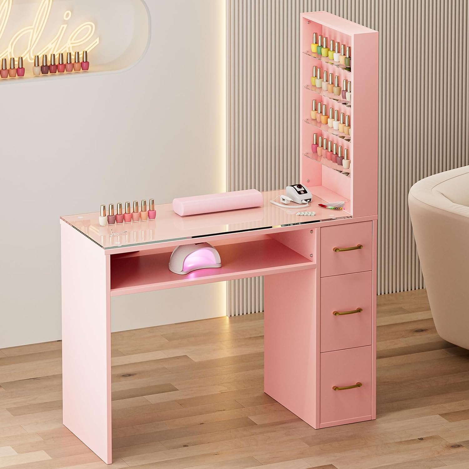 Paddie Manicure Table for Nail Tech with Drawers, Glass Top Nail Desk Station w/Storage Shelves, Wrist Cushion, Golden Handles, Spa Beauty Salon Workstation (Pink)