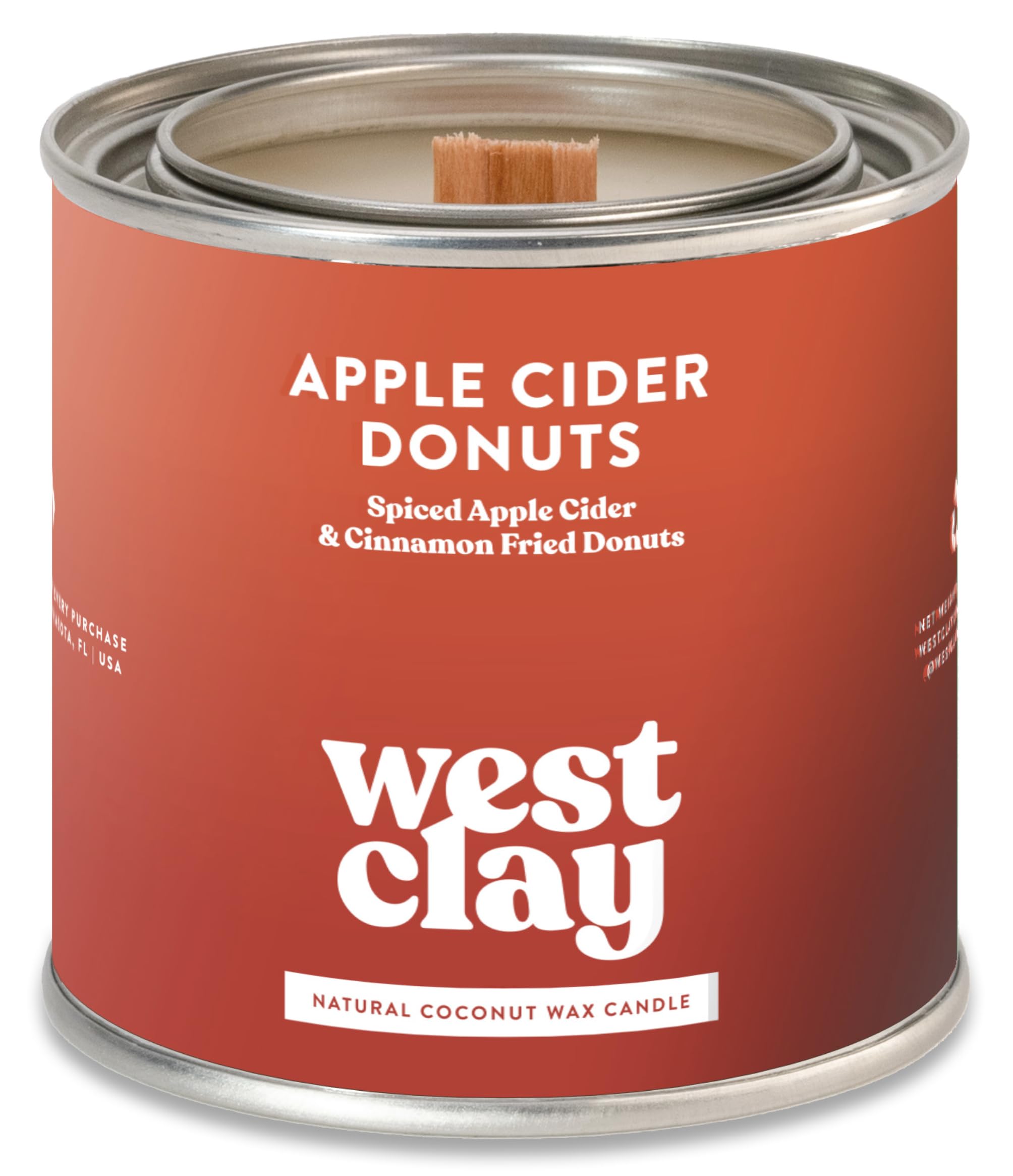 West Clay Apple Cider Donuts Scented Candle, 8 oz Metal Tin, Wood Wick, Coconut Soy Wax, Fall Candles