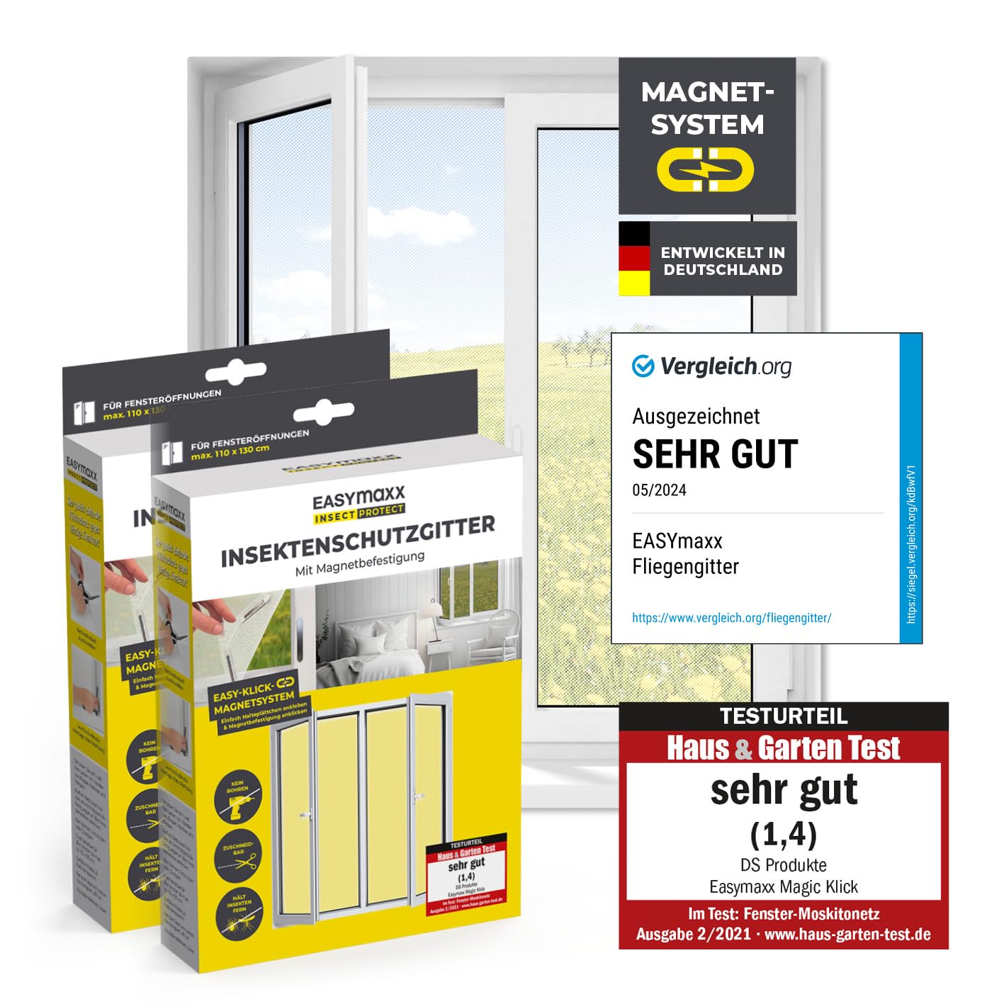 EASYmaxx Insect Protect Fliegengitter Fenster mit Magnetbefestigung | zuschneidbares Moskitonetz | Insektenschutz Fenster bis 110 x 130 cm | Mückenschutz Magnet - leichte Montage [2 Stück]