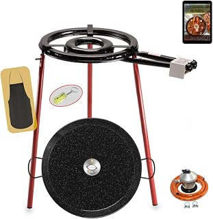 COMBOI Paellero de gas butano Kit Profesional, Quemador plano 35 cm, Paellera Esmaltada 46 cm, Regulador, Manguera, Patas Reforzadas, Nivel, Delantal, Libro Recetas Digital (Kit Paellero Pro-E 35 cm)