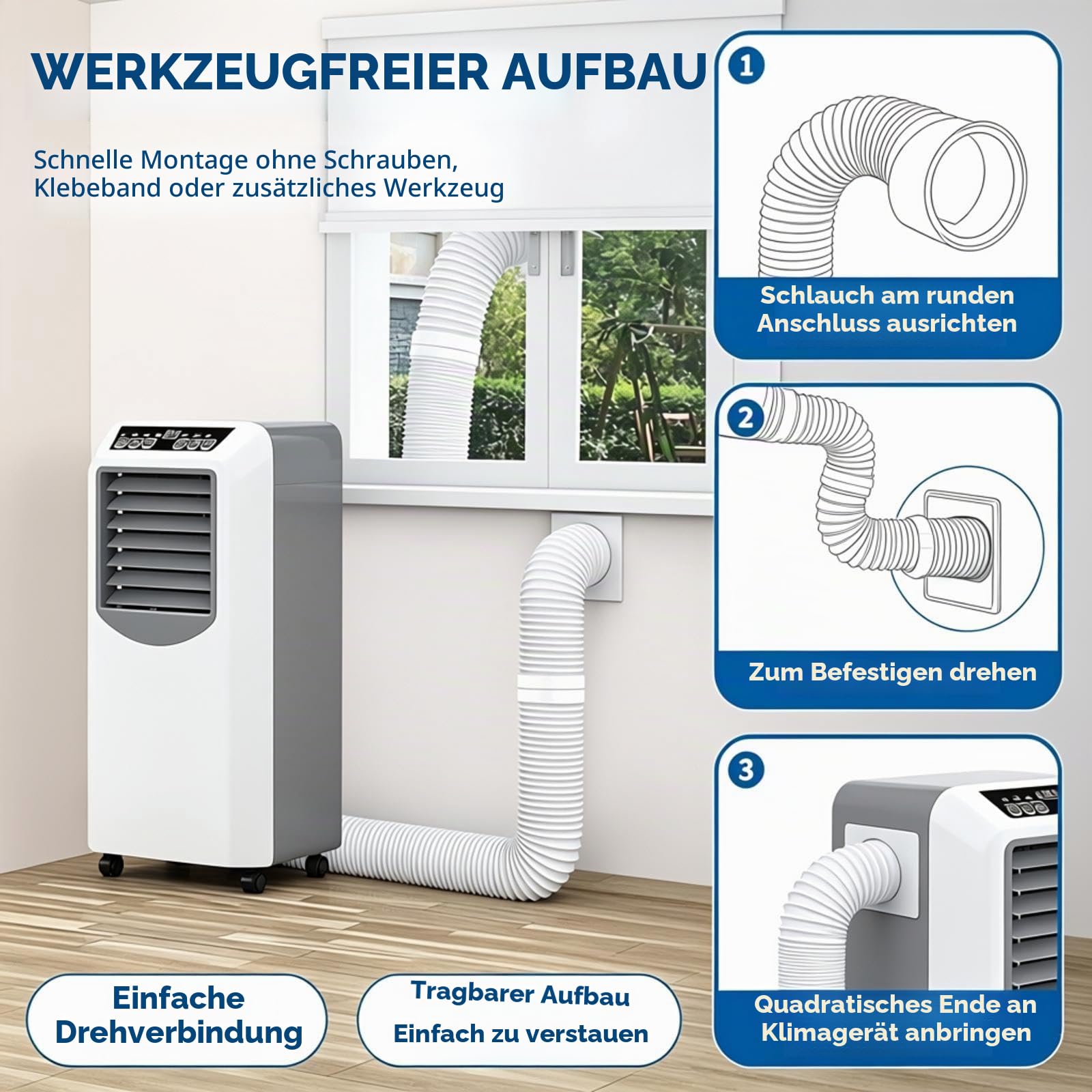 Abluftschlauch für Klimageräte mit quadratischem Anschluss, verstellbare Länge, ABS & Polypropylen, für Schlafzimmer Wohnzimmer Büro (Gelenk + 250 Cm Schlauch)