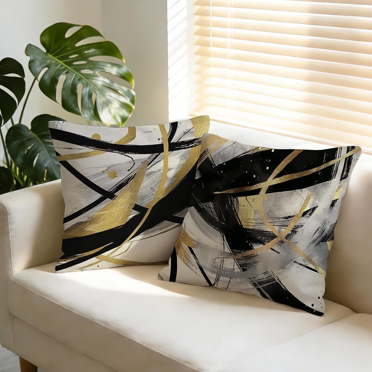 Modern Abstract Art Decorative Throw Pillow Covers 18 x 18 Set of 2, Black White Gold Minimalist Luxury Porch Outdoor Home Decor, Boho Mid Century Sofa Couch Cushion Case image 5