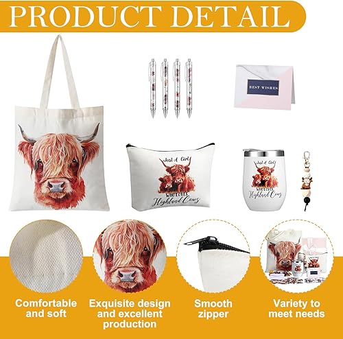 Miniatura 8 de Juego de 66 piezas de regalo de vaca, bolsas de mano de vaca, bolsa de cosméticos de 20 onzas, vaso de acero inoxidable con estampado de vaca,