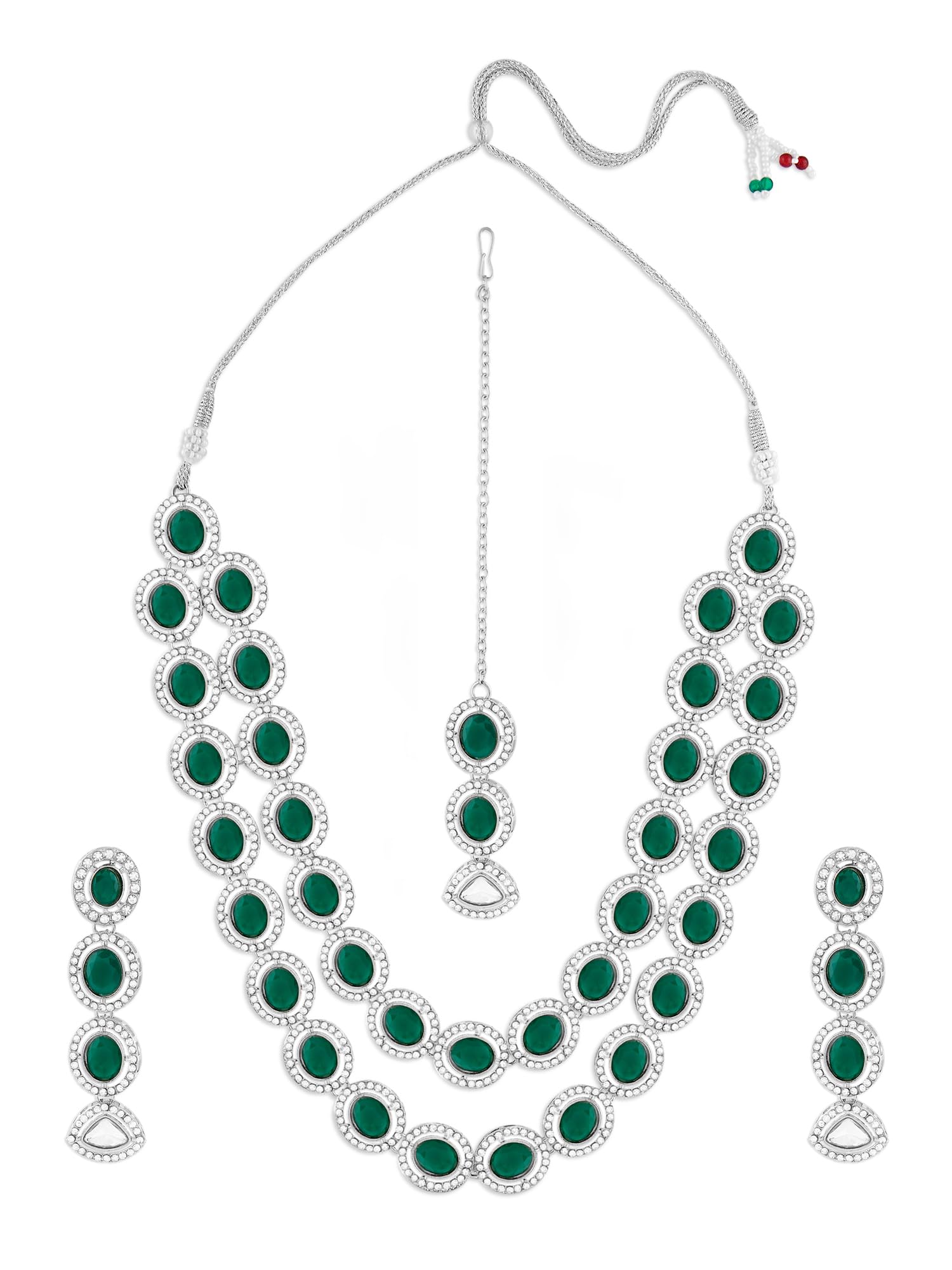 ZAVERI PEARLS Green Stones Dazzling Austrian Diamonds Layered Necklace Earring & Maangtikka Set For Women-ZPFK17569 (B0CWV3T4GN) Amazon Price History, Amazon Price Tracker