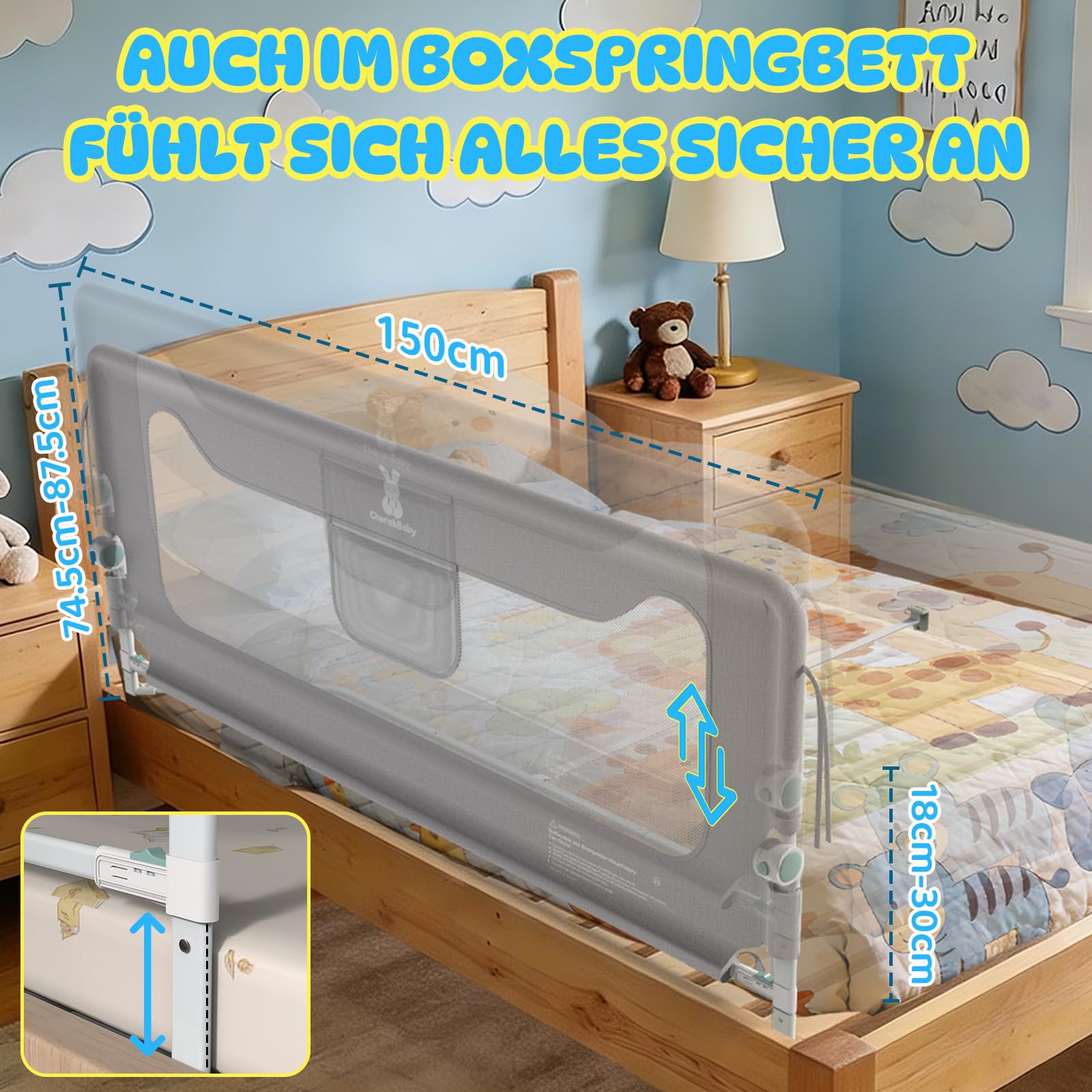 Soontrans Rausfallschutz Bett, Sanfter Schutz für den Übergang ins Große Bett, Klappbar & Höhenverstellbar, Rausfallschutz Boxspringbett für Ruhige Nächte, aus Metallrahmen & Gepolstert (150 cm)