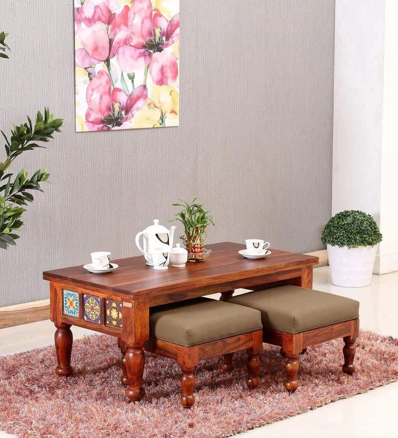 NATRAJ ART & CRAFT Solid Sheesham Wood Nesting Coffee Table with 2 Cushion Stool | Living Room Furniture | Honey Oak Finish