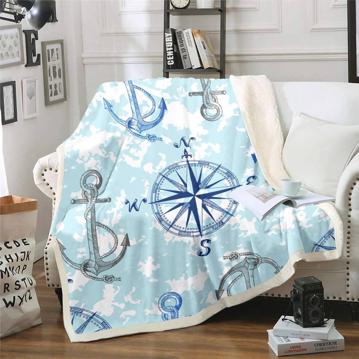Loussiesd Anchor Decor Sherpa Blanket Nautical Compass Blanket for Couch Travel Sofa Ocean Themed Fleece Blanket Sea Adventure Fuzzy Blanket Room Decor Plush Throw Blanket 50"x60"