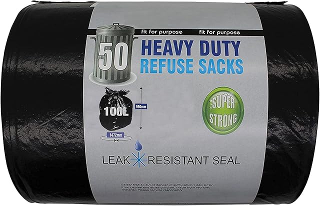 Trade Heavy Duty Refuse Sack- 100 L Heavy Duty Bin Bags- 50 Black Bin Bags In One Roll (Pack Of 1)