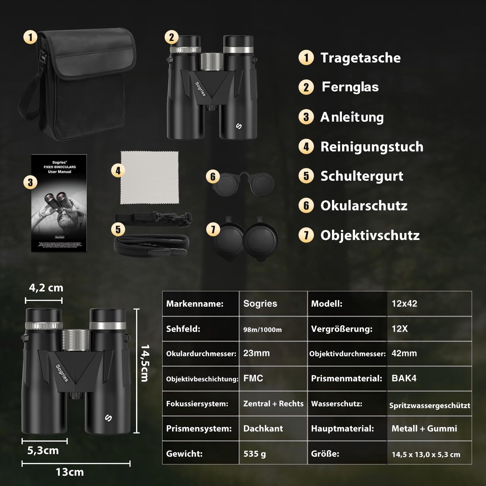 Sogries 12x42 hochauflösend Fernglas Erwachsene BAK4/FMC Prismen + Brillenträger-Stativ-Set für Vogelbeobachtung Outdoor