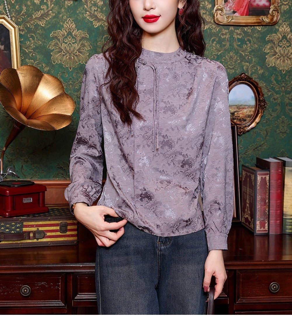 Camisa De Estilo Chino Qipao De Manga Larga De Seda Satinada para Mujer,Borlas con Hebilla Y Cuello Levantado De Brocado Verde Retro Blusas Tipo Jersey Elegante Camiseta Tradicional Tops
