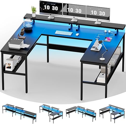 iSunirm Escritorio para computadora en forma de U, escritorio de oficina personalizable en forma de L con soporte ajustable para monitor, tomas de
