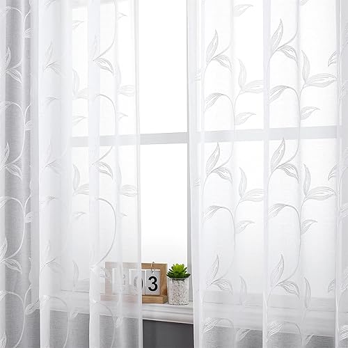 Miniatura 7 de VISIONTEX Cortinas traslúcidas blancas de 84 pulgadas de largo, juego de 2 paneles bordados con patrón de hojas florales y bolsillo para barra,