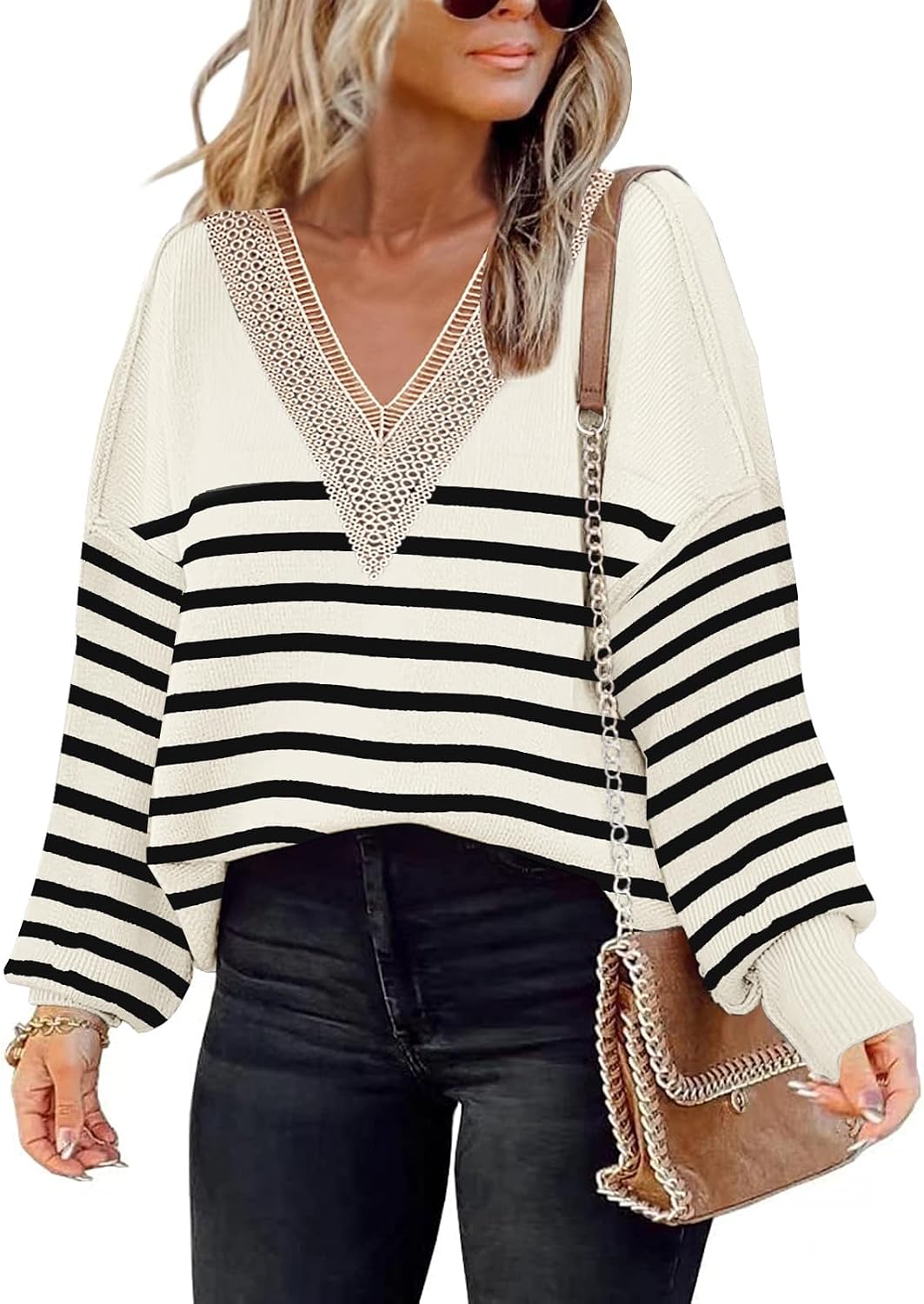 Disamer Women’s 2025 Fall Sweaters Trendy Long Sleeve Lace V Neck Color Block Striped Oversized Pullover Knitted Tops