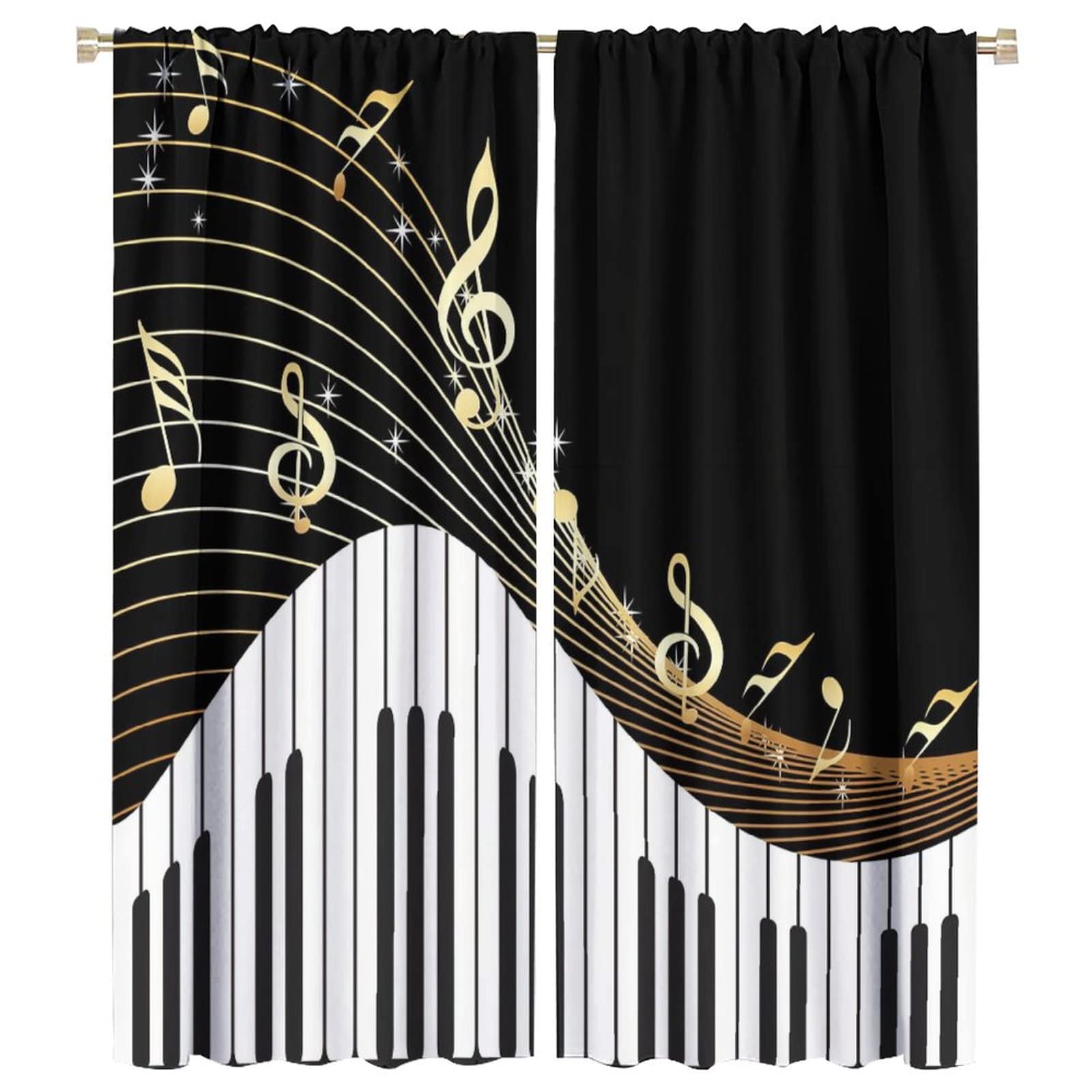 Music Note Blackout Curtains,Black White Piano Key Golden Musical Notes Room Darkening Door Window Rod Pocket Curtain for Living Room Bedroom W42xL54in
