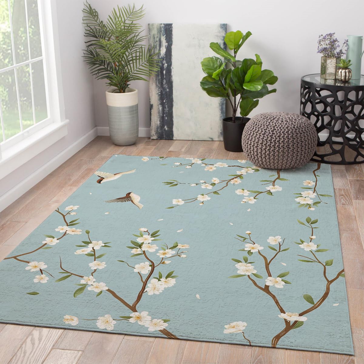 Tapis de chambre lavable grand format 150x240cm oiseau oriental fleur sol intérieur