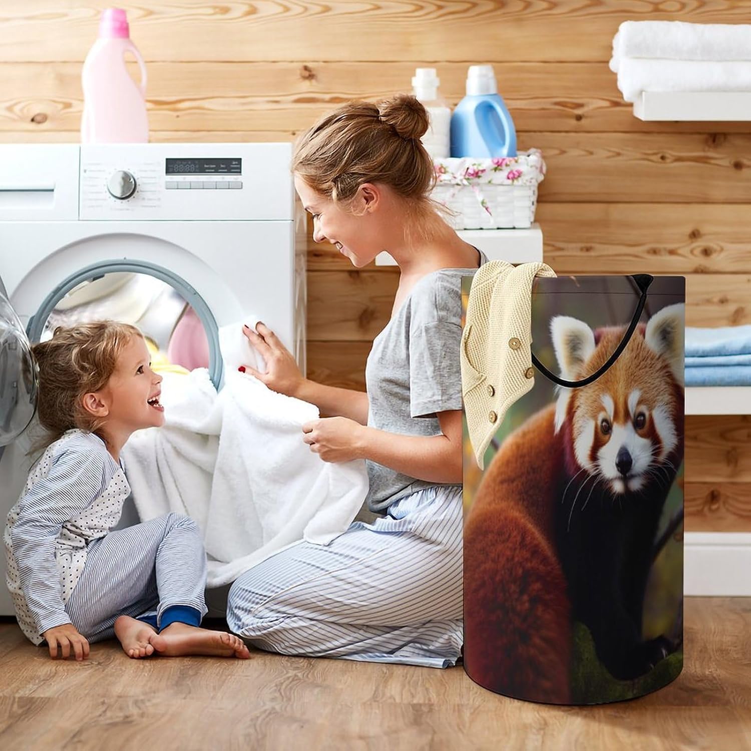 Red Panda Laundry Basket Freestanding Laundry Hamper with Handles Waterproof Dirty Clothes Hamper Collapsible Washing Bin Aesthetic Clothes Basket for Bathroom Bedroom Dorm