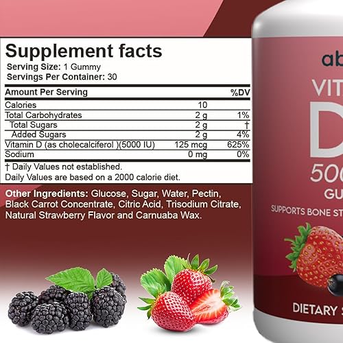 Miniatura 5 de Vitamina D3 extra fuerte 5000 UI (125 mcg) Suplemento dietético Gominas. Apto para veganos, sin gluten y sin sabores artificiales. Apoya la fuerza