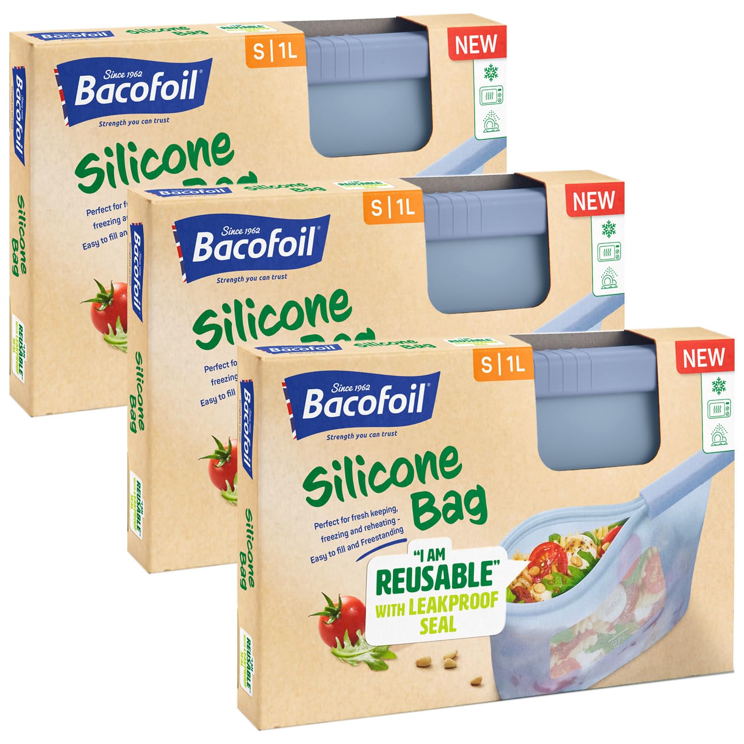 Bacofoil Blue Reusable Silicone Food Bags - Food Storage Bags For Fresh Produce, Meal Prep, Soups - Reusable Freezer Bags For Fresh Keeping, Freezing & Reheating - Microwave & Dishwasher-Safe - 1L, 3-Pck