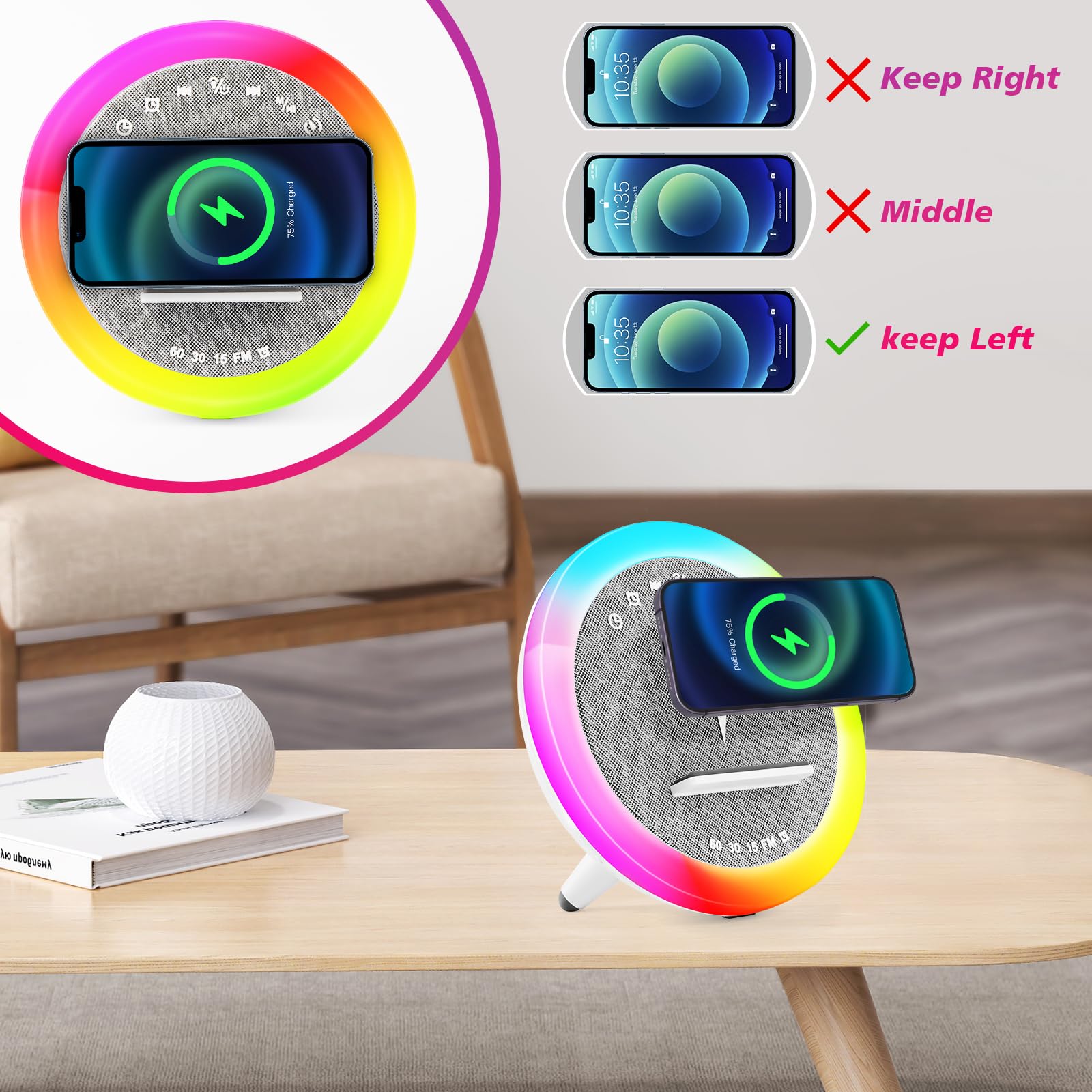 Lampe chargeur sans fil, Réveil avec chargeur à induction, Haut-parleur Bluetooth éclairage ambiant synchronisé avec la musique, Réveil numérique, pour lit/salon