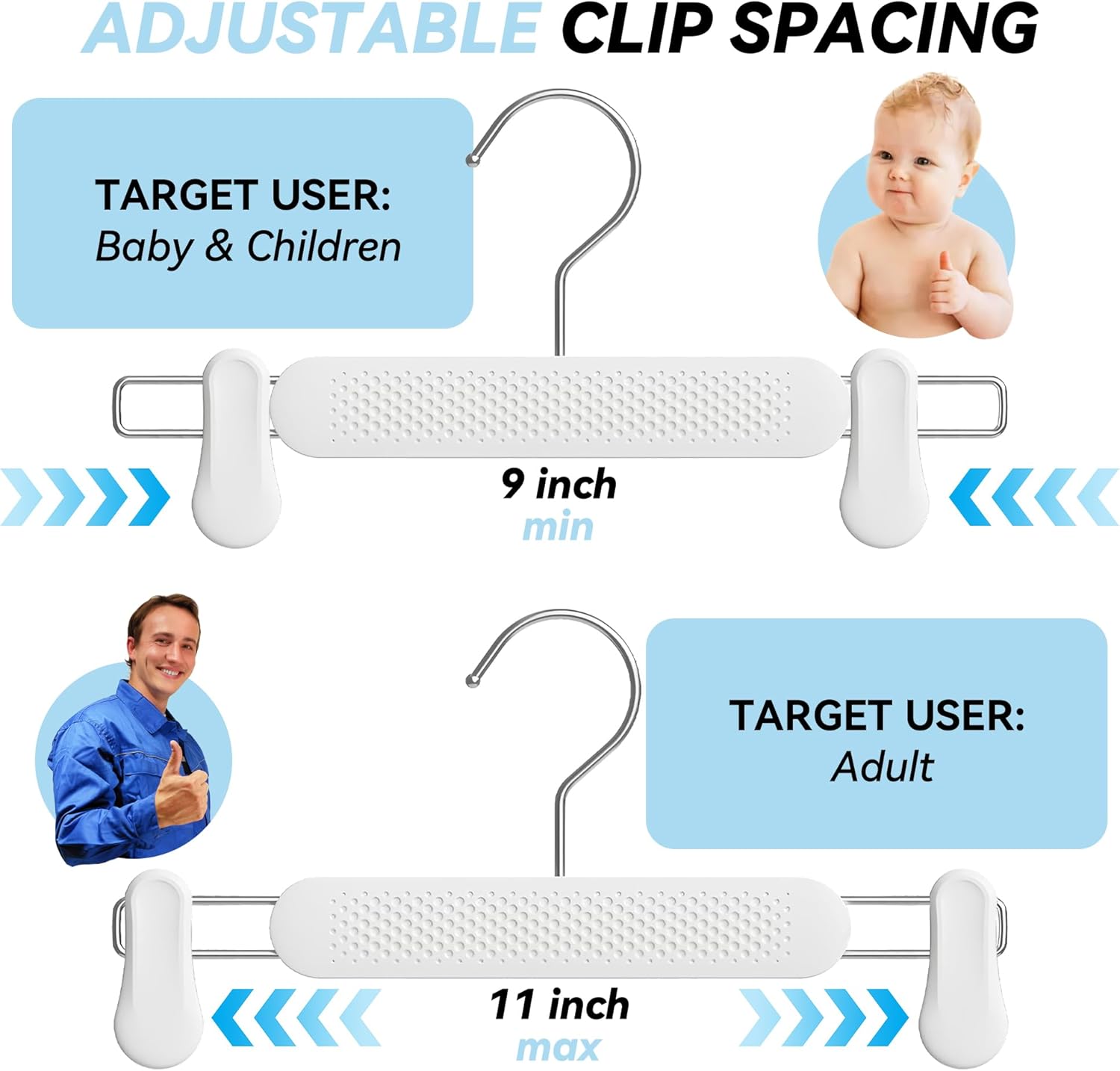 Plastic Skirt Pant Hangers with Clips for Women, Kids, Baby, Children, Toddler, Frosted Embossing Shorts Hanger Space-Saving with 360° Swivel Hook (15pcs White) - Image 4