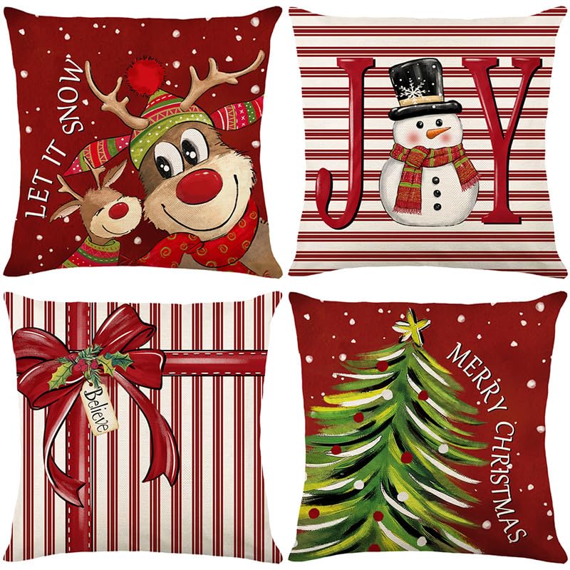 Christmas Decorative Linen Pillow Covers 18x18 inches Set of 4, Let It Snow/Snowman/Christmas Tree Printed, Couch Cushion Covers (Red)