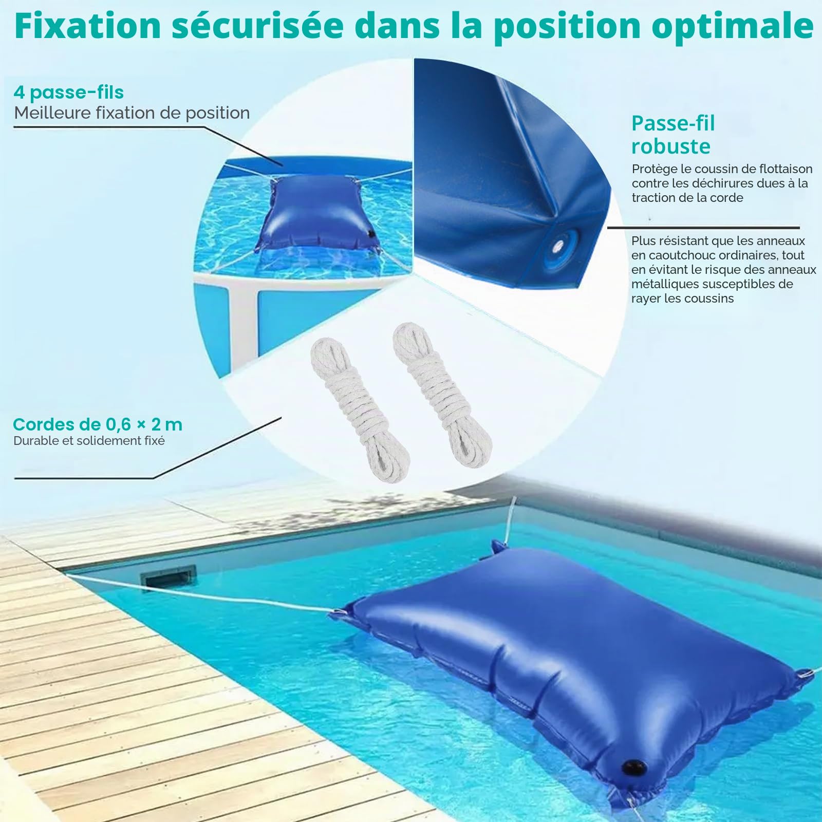 4M Coussin Gonflable de Piscine, Oreiller de Protection pour Bâche de Piscine Rectangulaire avec Double Couture, Valve de Sécurité &Corde 10 m, Coussin Gonflable de Piscine d'hivernage