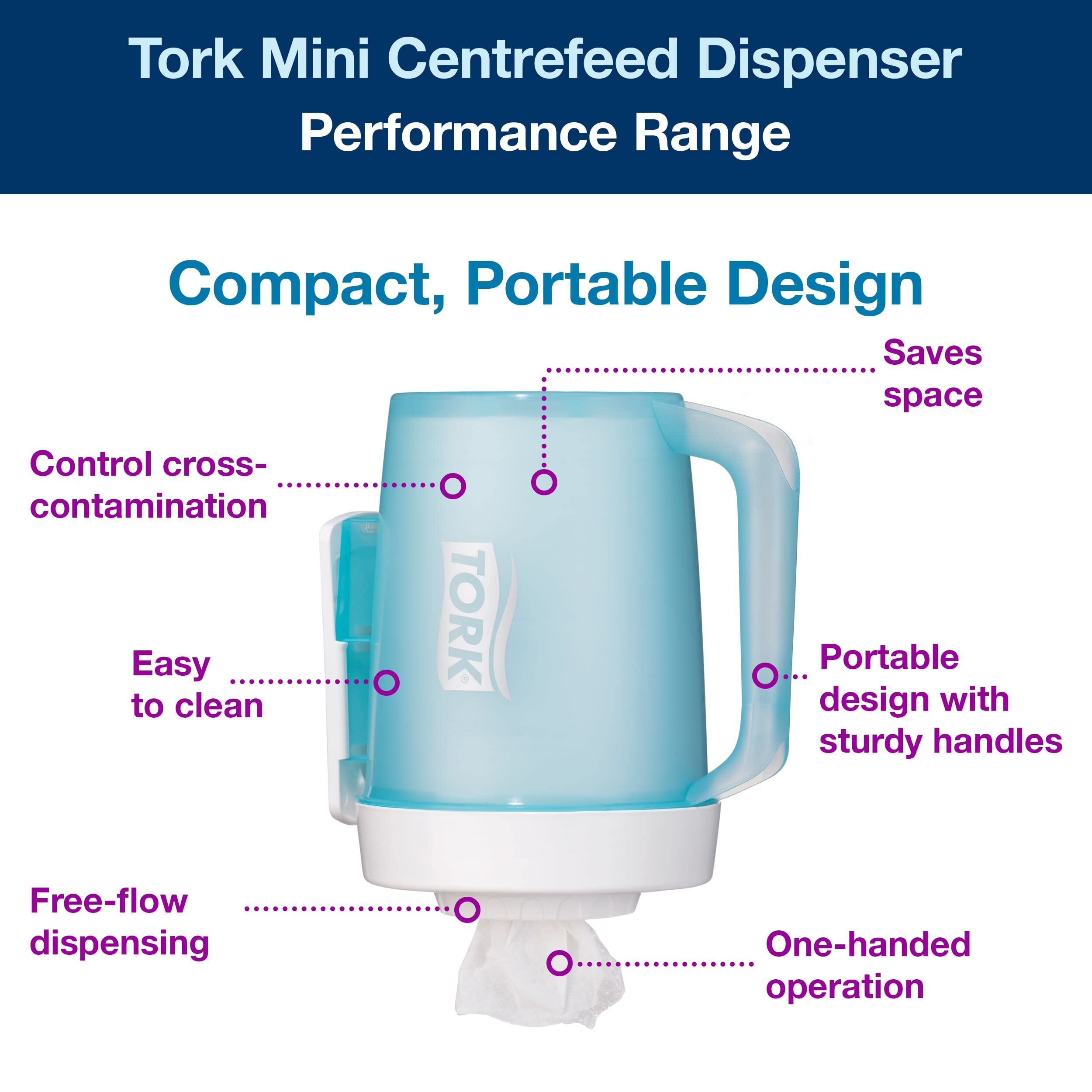 Tork Mini Innenabrollungsspender Weiß und Türkis M1, Einhändige Bedienung, Performance Linie, 658002