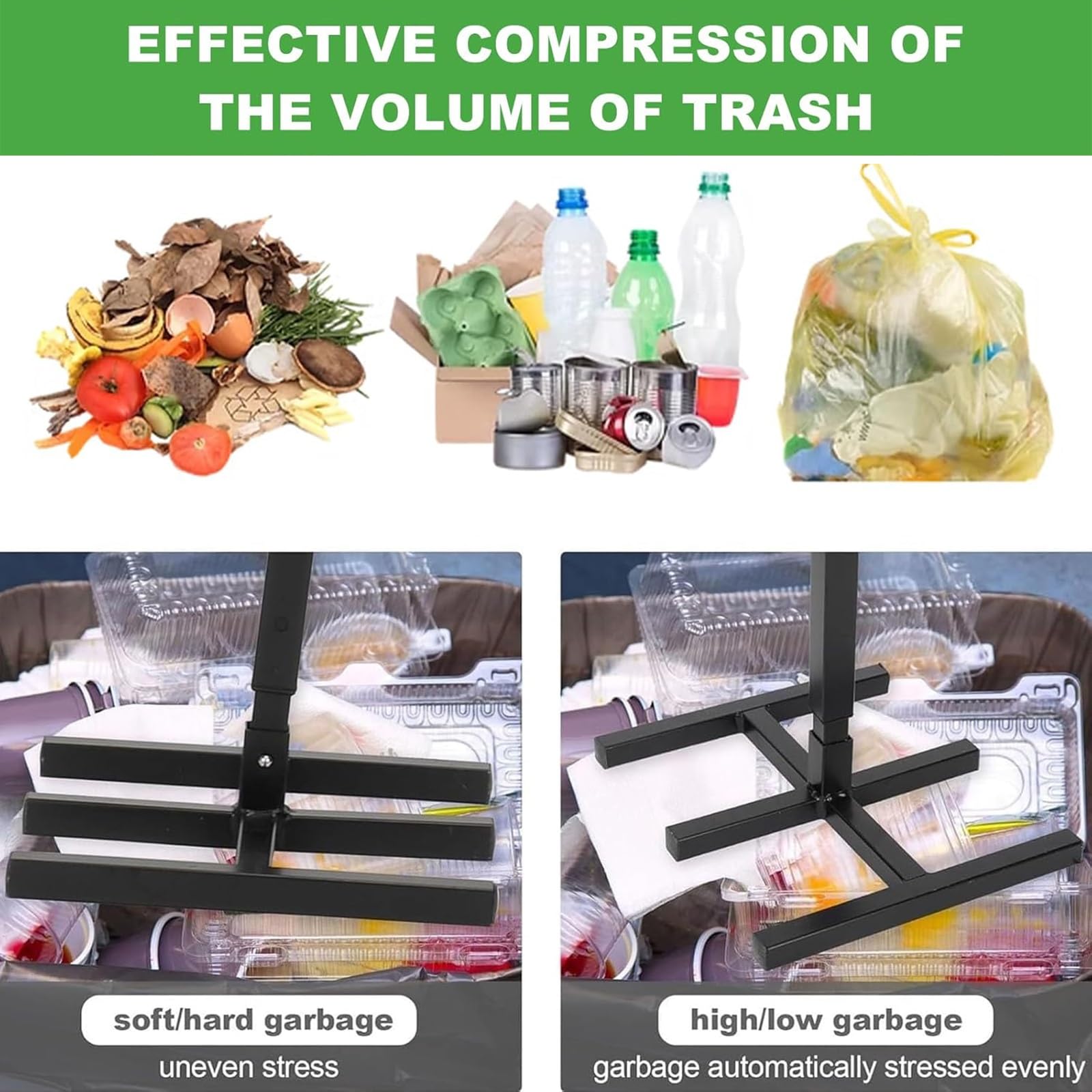 Compactador de basura manual, triturador de basura, herramienta manual para reciclar residuos domésticos con mango ajustable para cocinas al aire libre, restaurantes, contenedores de basura, contene