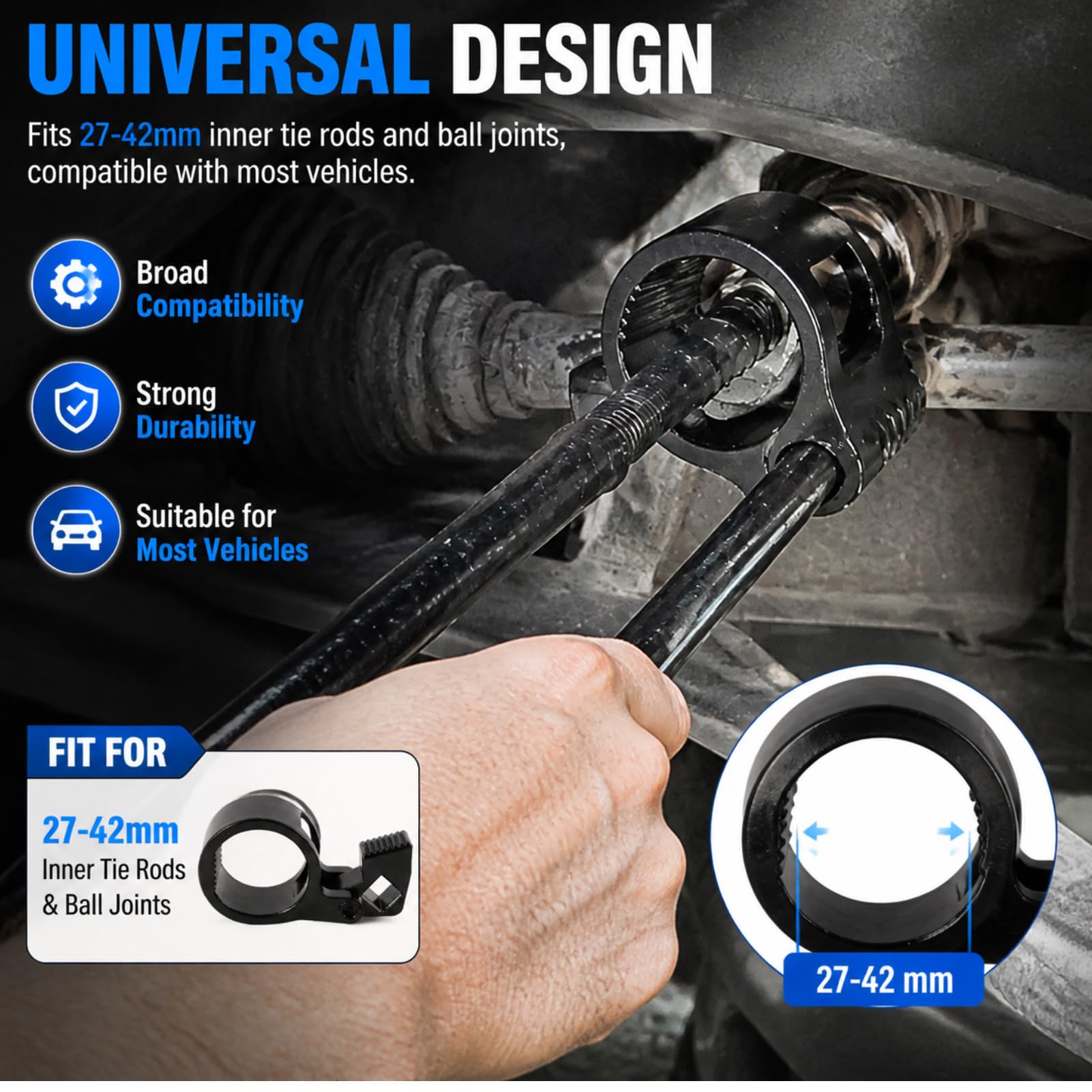 1 strumento universale per la rimozione del binario dello sterzo dell'auto, chiave del tirante per auto da 27 mm e chiave del tirante da 42 mm, robusto e nero, con capacità di 27 mm fino a 42 mm