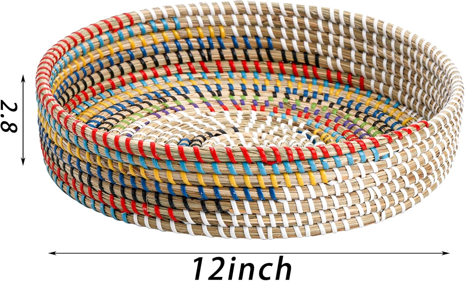 SOUJOY 12'' Woven Seagrass Serving Tray, Rattan Serving Tray, Handmade Round Ottoman Fruit Tray, Colorful Coffee Table Decorative Tray for Bread, Tea, Breakfast, Coffee, Drinks, Snack, Wall Decor