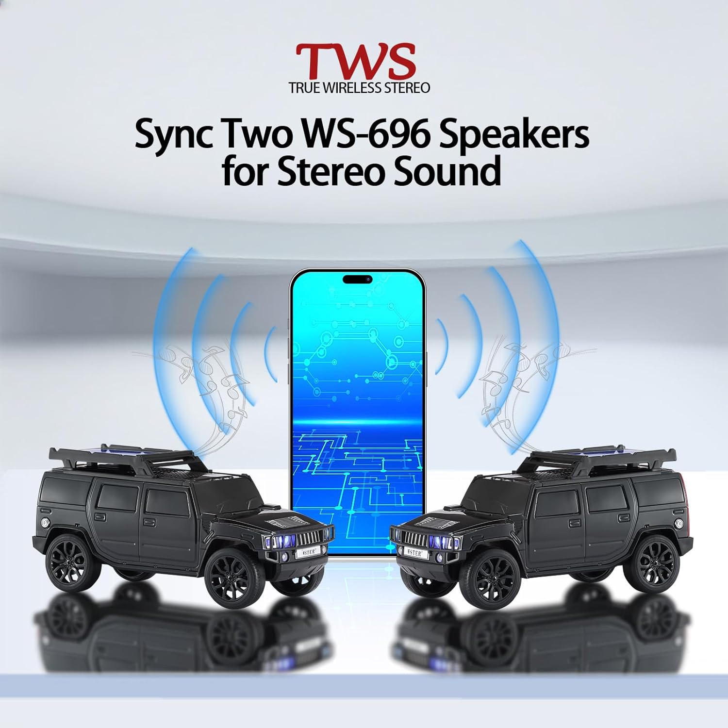 WSTER WS-696 Solar Bluetooth Replica Speaker – Portable Modern Off-Road Car Design with HD Sound, TWS, LED Party Light, USB/TF Playback, FM, Built-in Microphone, Surprise Gift(Black)