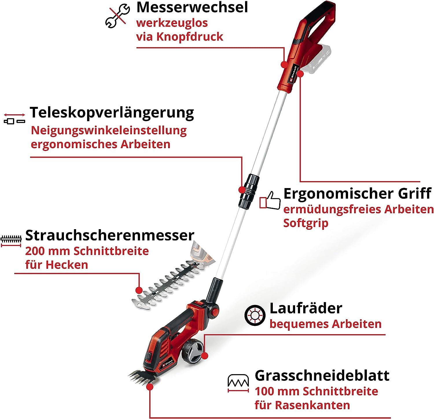 Einhell GE-CG 18/100 Li T-Solo Akku-Gras- und Strauchschere 18V Li-Ion Teleskopstiel 100mm 200mm Power X-Change