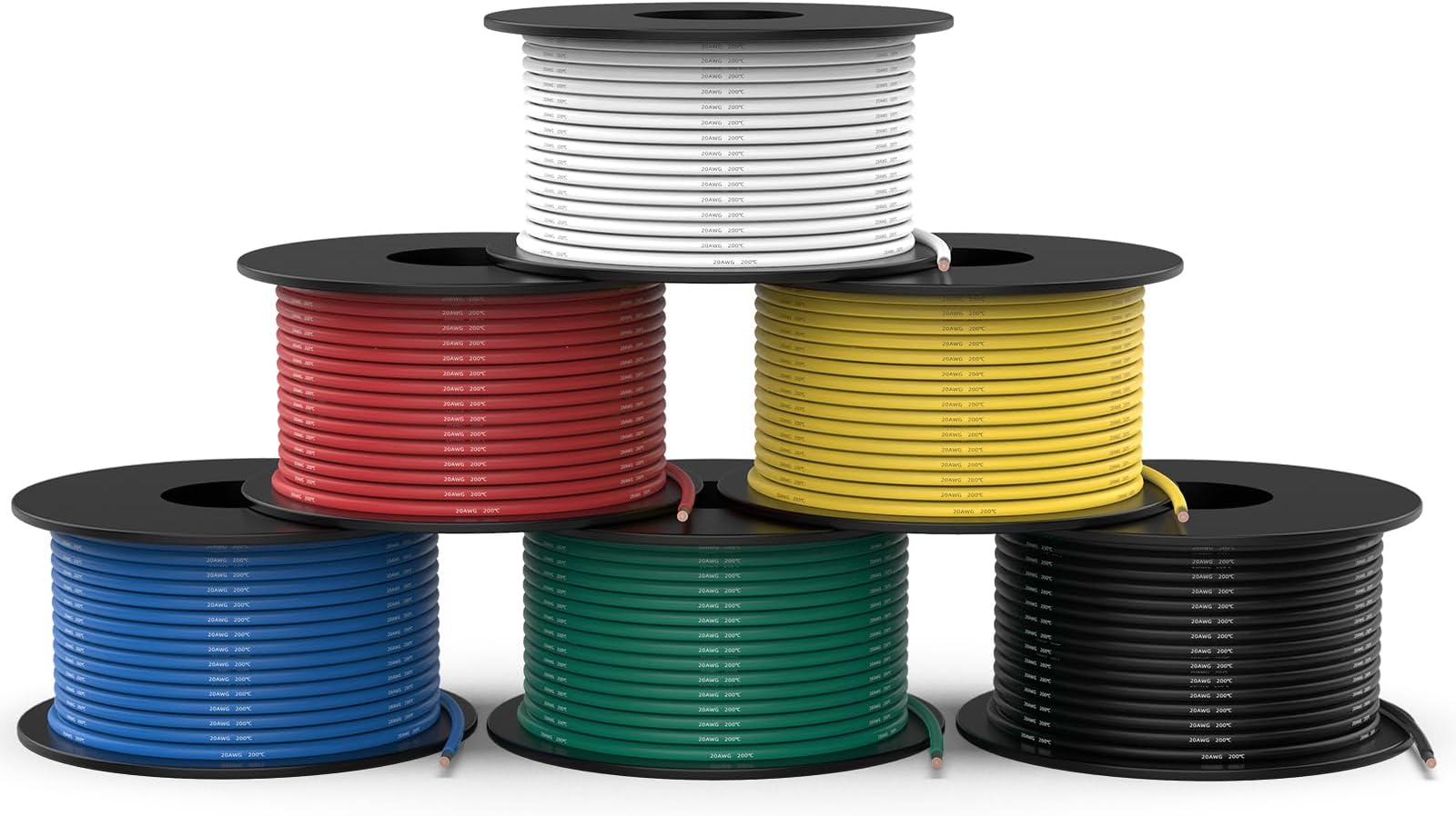 NAOEVO 20 Gauge Wire 300ft, 20 AWG Wire 6 Colors 50ft Each Spool, Flexible Silicone Tinned Copper Electrical Cable, Wiring kit for Breadboard/Automotive/DIY/Battery, 200℃