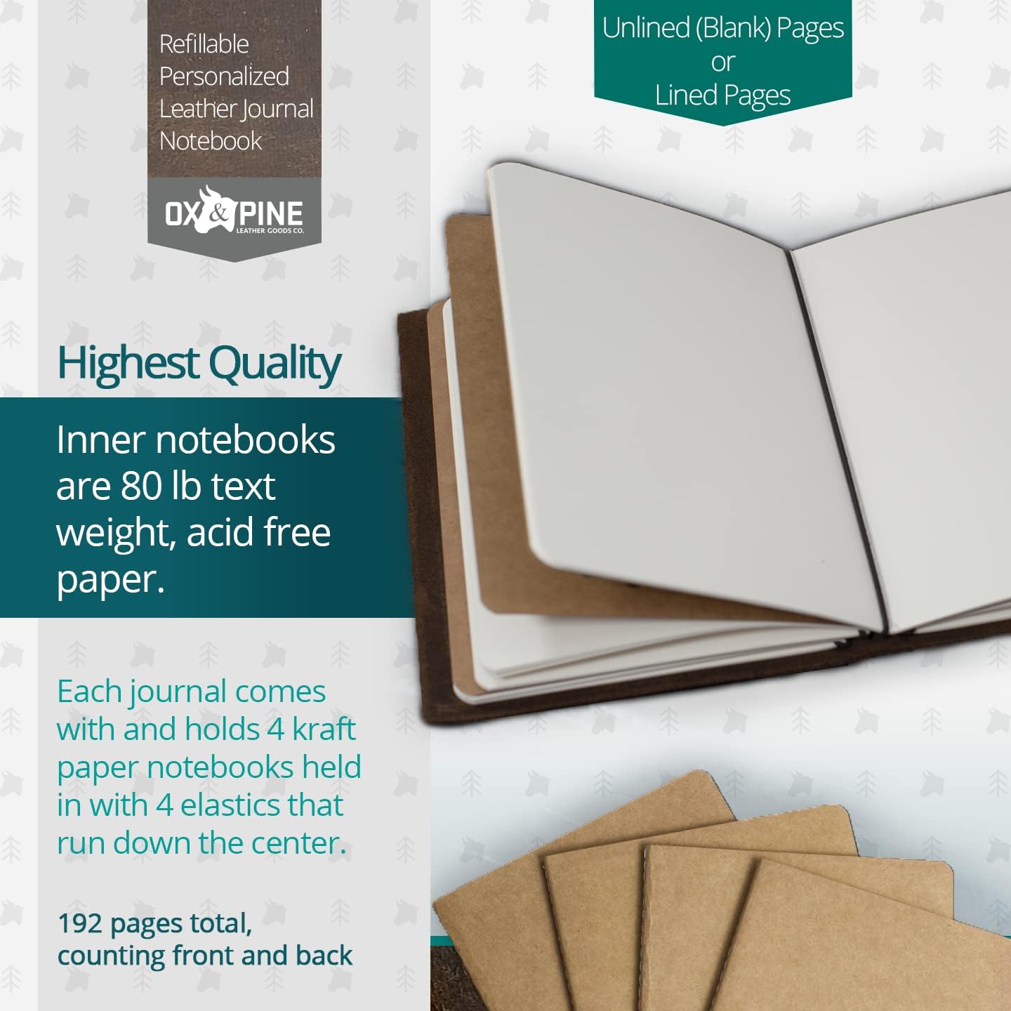 Ox & Pine Refillable Personalized Wrapped Leather Journal - Made From Full Grain Leather Comes With and Holds 4 Kraft Paper Notebooks (4x6, Unlined Paper, Rustic Brown)