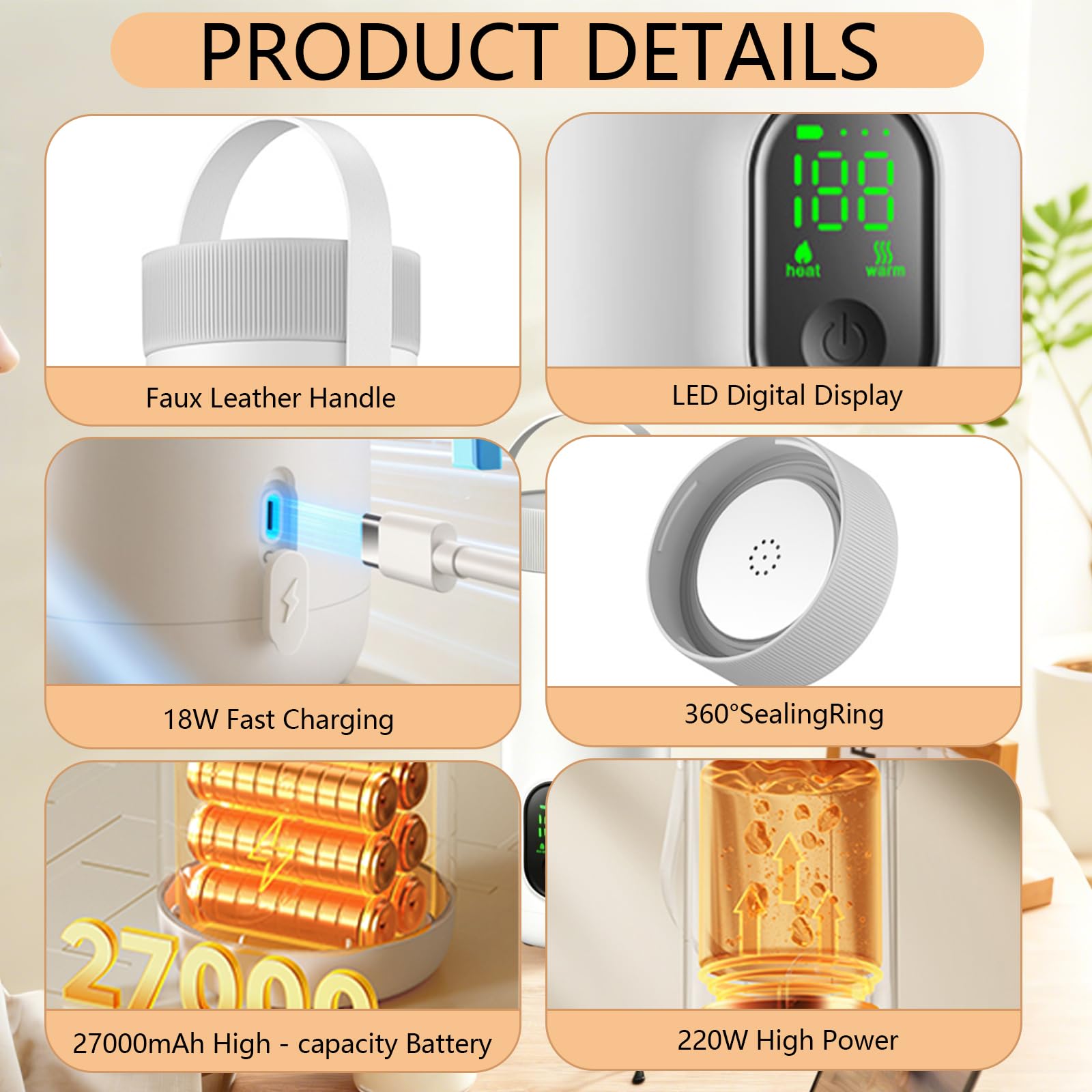 Hervidor Eléctrico Portátil, 500ml Pequeño Hervidor de Agua Eléctrico, 6 Ajustes de Temperatura, Acero Inoxidable 304, Calentamiento Rápido en 15 Minutos, para Hacer Leche Café Té