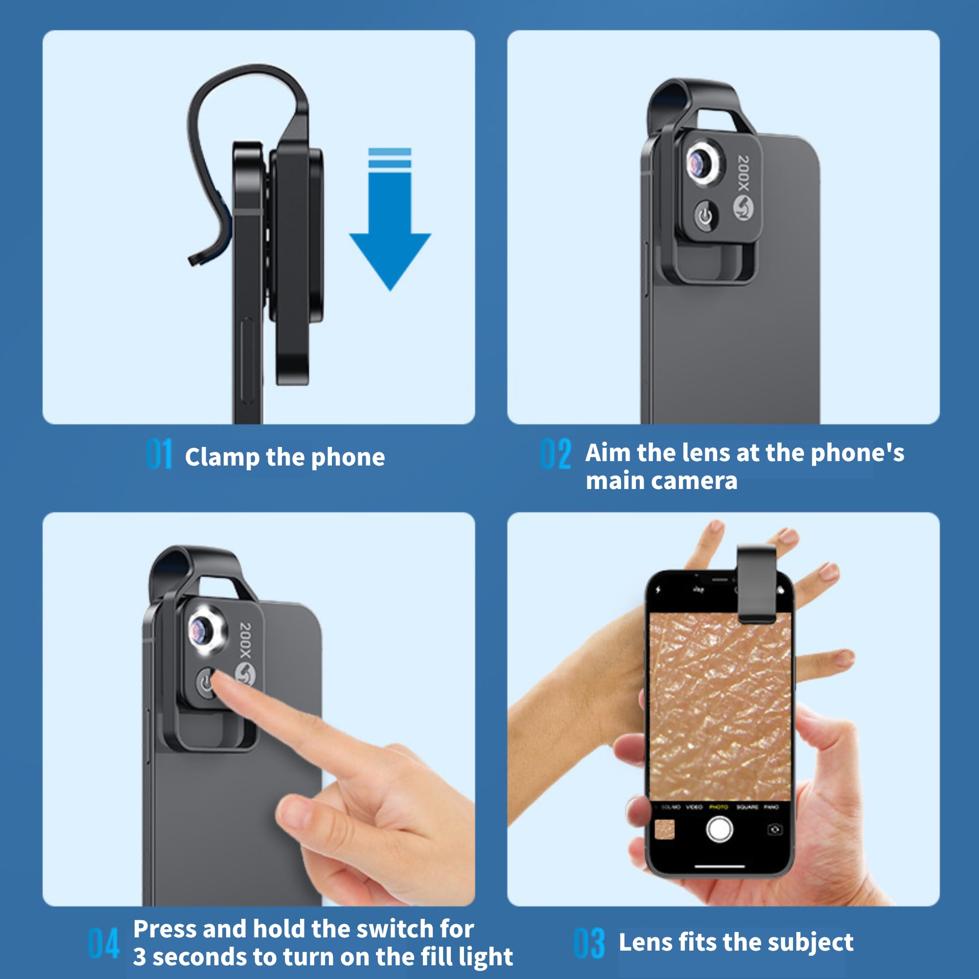 Mini Microscopio de Bolsillo para Teléfono 200X, Microscopio Portátil con Luz LED, Microscopio para Teléfono con Clip con CPL Universal, Microworld para Niños y Adultos (Negro)