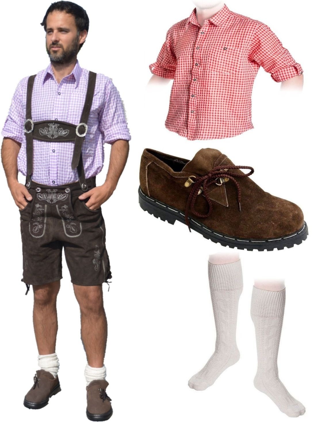Herren Trachten Set B 5-teilig Trachten Lederhose * kurz * DUNKELBRAUN 46-60 Trachtenhemd Schuhe Socken Oktoberfest