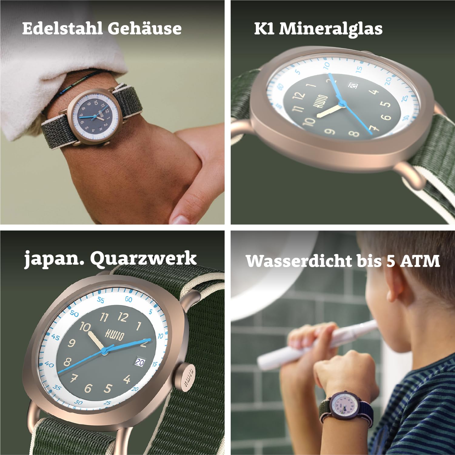 KWIO - Takk Kinderuhr I Analoge Armbanduhr für Jungen & Mädchen 32mm I Quarz-Uhrwerk & Edelstahlgehäuse I Leicht zu wechselndes Klettarmband I Wasserdicht bis 5 ATM