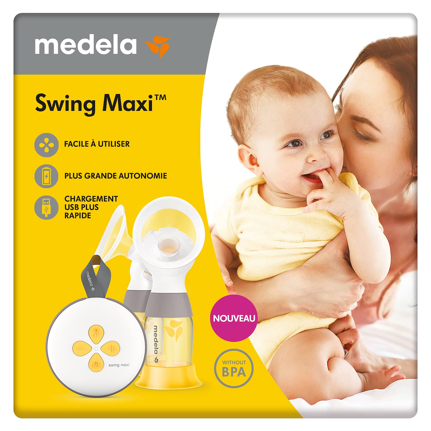 Medela Tiralatte elettrico doppio Swing Maxi, più latte in meno tempo, ricaricabile tramite USB, dotato di protezioni PersonalFit Flex e tecnologia Medela 2-Phase Expression