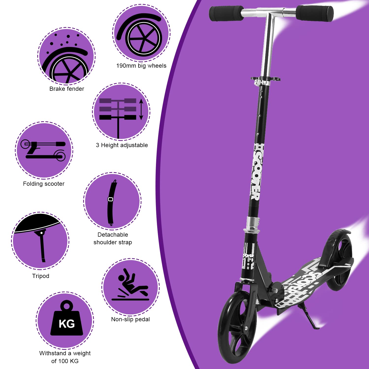Patinete Infantil FiQops Con Ruedas De 205 Mm, 3 Alturas Ajustables, Plegable, Hasta 100 Kg, Para Niños Y Adultos A Partir De 5 Años, Color Rosa