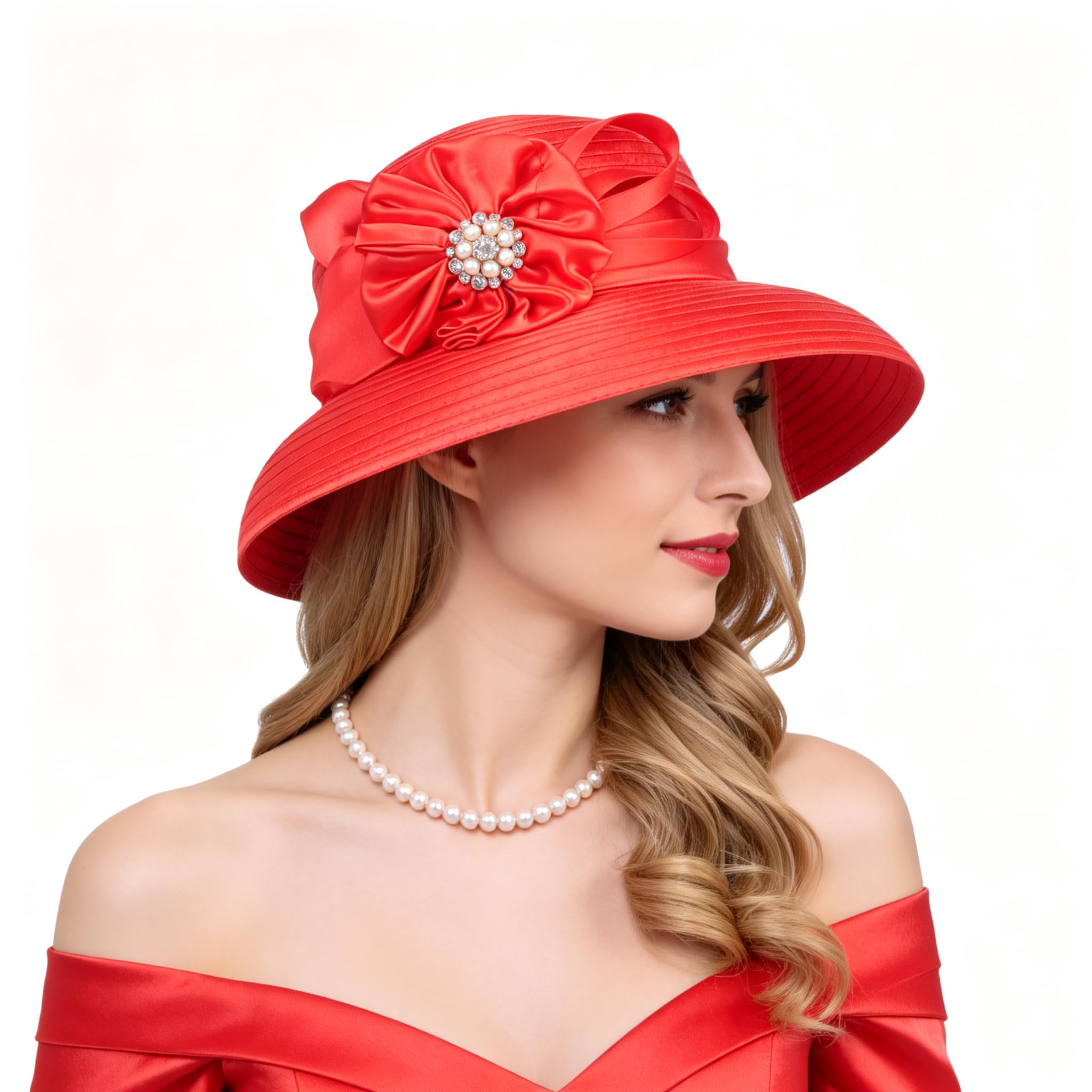 Photo 1 of [Brim Ripped, needs repairs] Lady Church Derby Dress Cloche Hat Fascinator Floral Tea Party Wedding Bucket Hat S051 (38-Red)