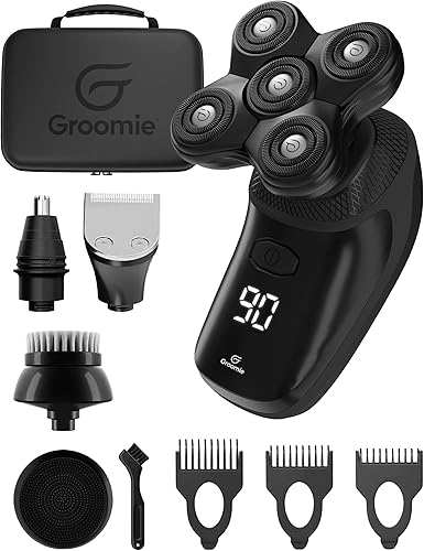 GROOMIE BaldiePro On The Go Kit de viaje, afeitadora eléctrica de cabeza para hombres calvos y estuche de viaje negro, maquinilla de afeitar de