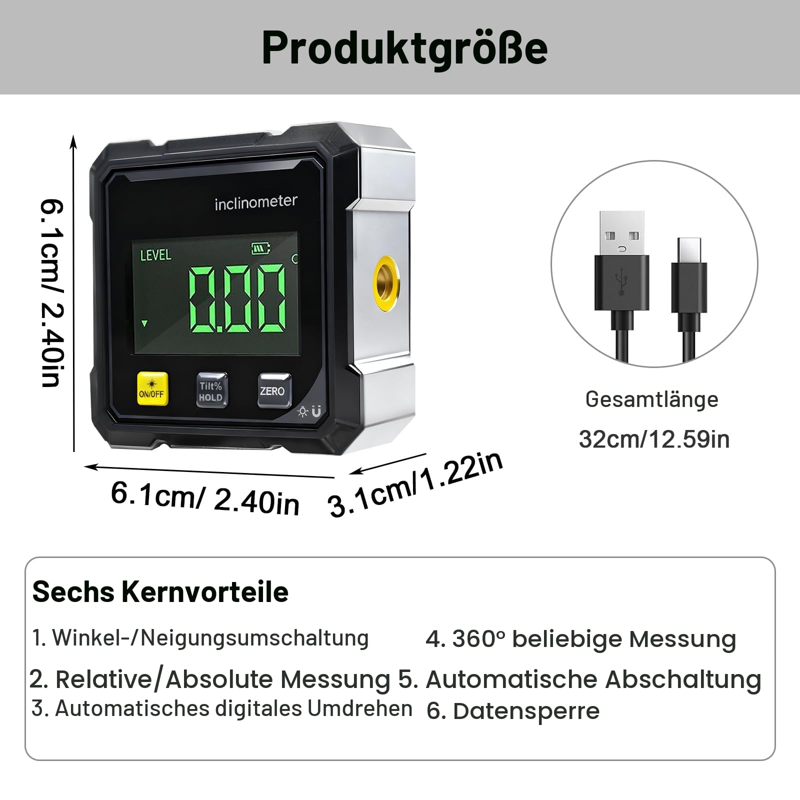 Digitaler Winkelmesser mit elektronischem 4-seitigem starkem magnetischem | Digitale Wasserwaage mit LED-Anzeige,Digitaler Winkelmesser Magnetisch für Arbeiten, BAU und Wasserwaagenboxen